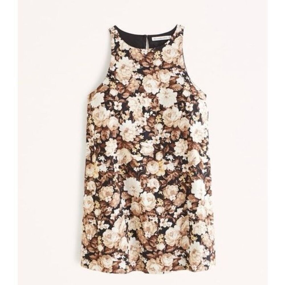 Abercrombie & Fitch Mini Dress High Neck Sleeveless Linen Blend Brown Cream Siz